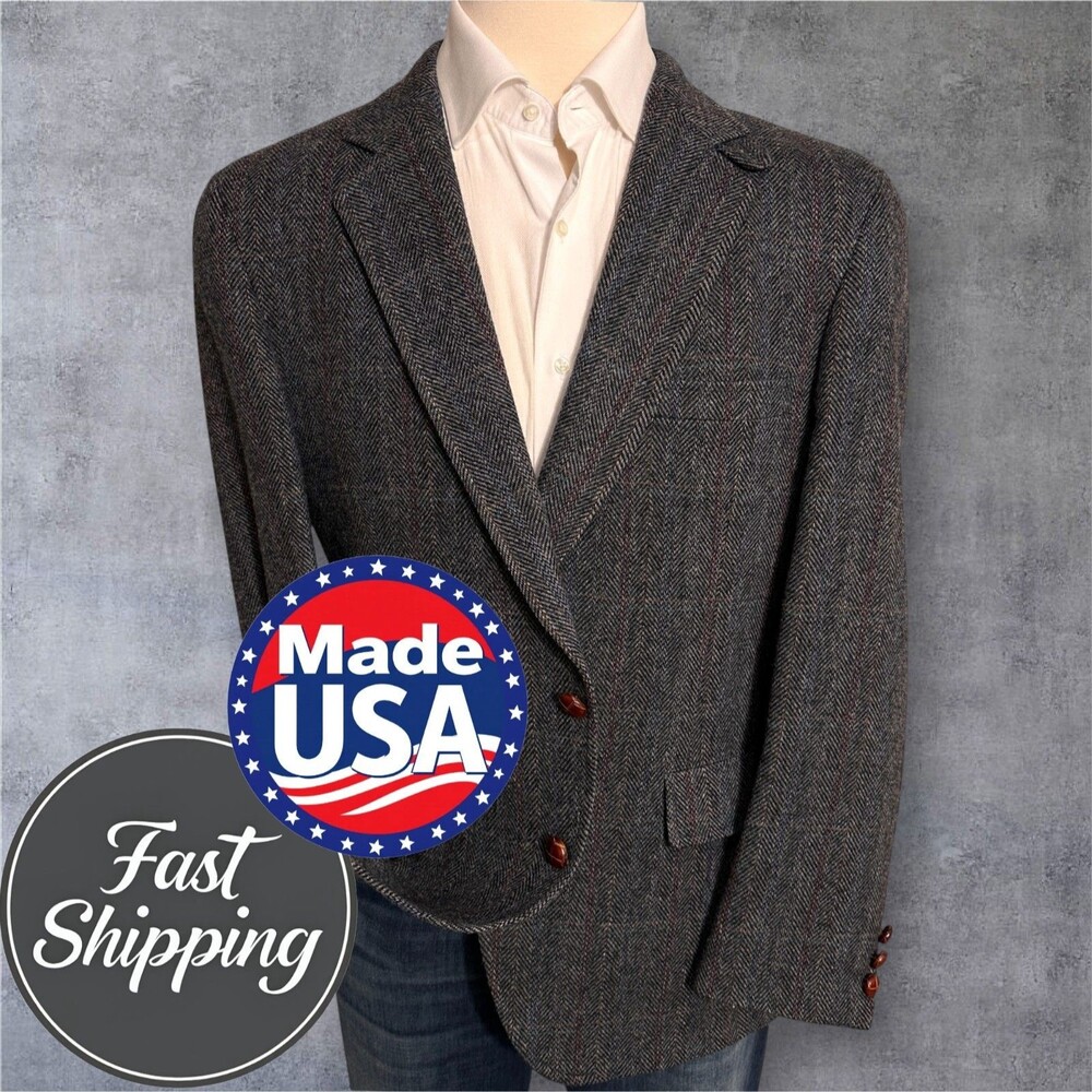 Vintage BOWDON TWEED WOOL Mens Blazer 44R Sport Coat Jacket Gray Made in USA
